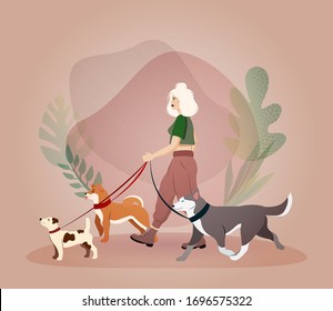 Young woman walking dogs. Dog sitter vector concept. Dog mama. Animal care. Work with animals. Dog training. Flat trendy vector illustration.