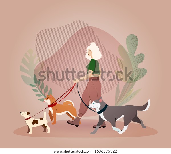 Young woman walking dogs. Dog sitter vector\
concept. Dog mama. Animal care. Work with animals. Dog training.\
Flat trendy vector\
illustration.
