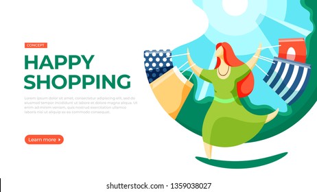 Young woman walking down the street with shopping bags. Vector illustration of happy shopping concept. Landing page main block layout.