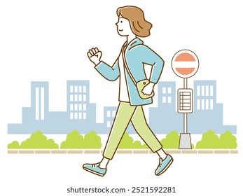 A young woman walking down the street waving her arms