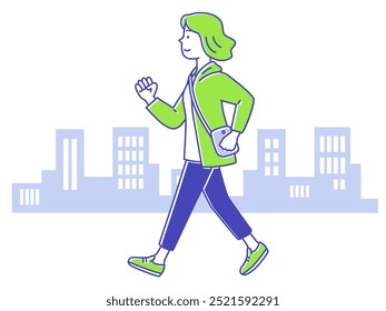 A young woman walking down the street waving her arms