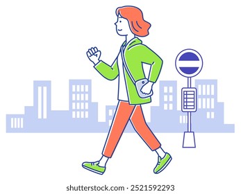 A young woman walking down the street waving her arms