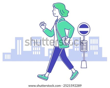 A young woman walking down the street waving her arms