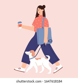 Young woman walking, drinking coffee from paper cup and relaxing with their pets. Flat Cartoon Vector Illustration about Human and dogs friendship 