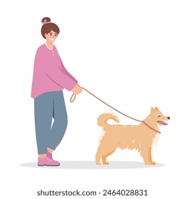 Young woman walking with fluffy dog. Girl with cute dog on leash. Pet and owner, outdoor activity, healthy lifestyle concept. Vector flat illustration isolated on white background.