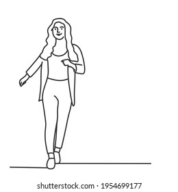 Young woman walking forward. Hand drawn vector illustration.