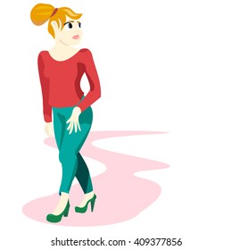 Young woman walking. Hand drawn cartoon vector illustration.