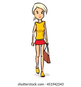 Young woman walking. Hand drawn cartoon vector illustration.