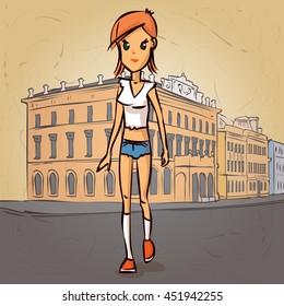 Young woman walking. Hand drawn cartoon vector illustration.