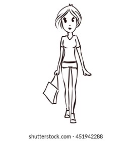 Young woman walking. Hand drawn cartoon vector illustration.