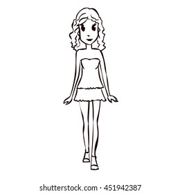 Young woman walking. Hand drawn cartoon vector illustration.