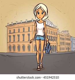 Young woman walking. Hand drawn cartoon vector illustration.