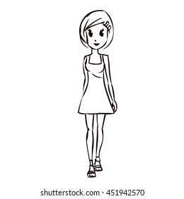 Young woman walking. Hand drawn cartoon vector illustration.