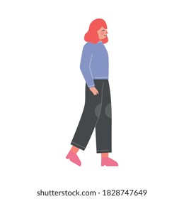 Young Woman Woman Walking with Hands in her Pockets Vector Illustration on White Background