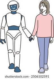 A young woman walking happily with a robot