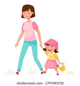Young Woman Walking with Her Daughter Outdoor Vector Illustration