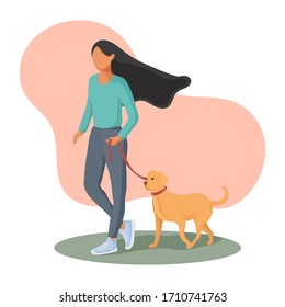 Young woman walking with her dog. Vector illustration