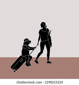 Young woman walking with her little girl sitting on luggage in silhouette illustration.