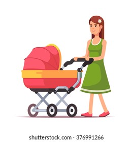 Young woman walking with her newborn child in an old fashioned bright pink pram. Baby carriage modern flat style vector illustration isolated on white background.