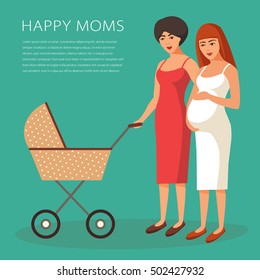 Young woman walking with her newborn child in an old fashioned beige pram and a young pregnant woman in a white dress. Modern flat style vector illustration isolated on turquoise background