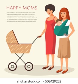 Young woman walking with her newborn child in an old fashioned beige pram and a  woman carrying child in a baby sling. Modern flat style vector illustration isolated on light background.
