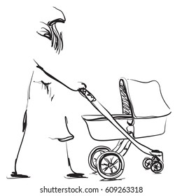 Young woman walking with her newborn child. Baby carriage sketching illustration.