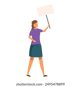 Young woman walking and holding empty banner, girl protesting for her rights, female character participating in demonstration