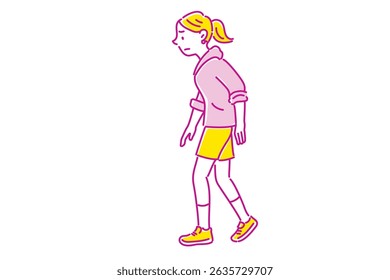 A young woman walking with a hunched back