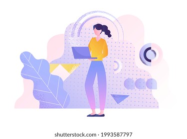 Young woman walking with laptop on the background of flying abstract shapes. Mobility, internet accessibility, telework, telecommuting and modern media concepts. Flat cartoon vector illustration