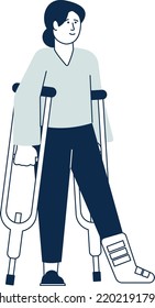 Young woman walking on crutches. Person with injured leg