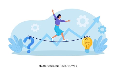 Young woman walking on rope stretched between question mark and light bulb. Finding solutions to problems. Human thoughts process. Problem solving skill, critical thinking. Business innovations