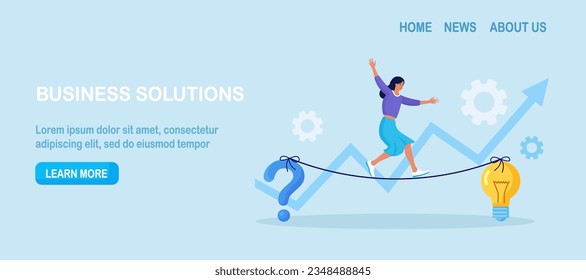 Young woman walking on rope stretched between question mark and light bulb. Finding solutions to problems. Human thoughts process. Problem solving skill, critical thinking. Business innovations