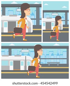 Young woman walking on the train platform on the background of train with open doors. Vector flat design illustration. Square, horizontal, vertical layouts.