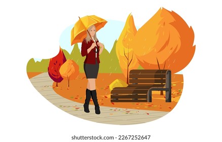 Young woman walking with orange umbrella in Autumn Park. Yellow red trees and fall leaves. Weekend outdoor in colorful forest. Paint drawing in cartoon style. Seasonal flat image. Vector illustration