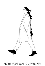 Young woman walking outline sketch drawing. Pretty girl in casual autumn clothes side view. Vector illustration isolated on white background.