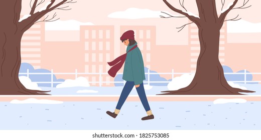 Young woman walking in park flat vector illustration. Teenage girl walks in the winter park, the fresh air. Snowy public park with snow, trees, walkway, cityscape. Lifestyle and activity. 