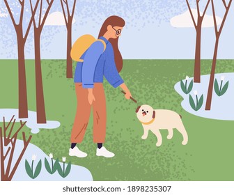 Young woman walking and playing with dog in park on a sunny spring day. Pet owner spending leisure time with puppy in nature. Colored flat textured vector illustration