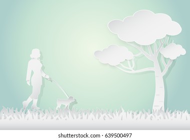 Young woman walking with poodle dog, landscape background, paper art style illustration