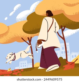 Young woman walking with puppy in autumn park. Pet owner and happy dog running, strolling outdoors among trees, fall season nature. Active leisure time with pup, doggy. Flat vector illustration