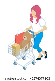 Young woman walking with push a shopping cart which filled up with luggage - who wearing short sleeves shirts