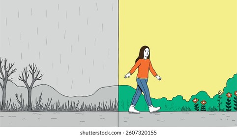 young woman walking from rain to sunshine