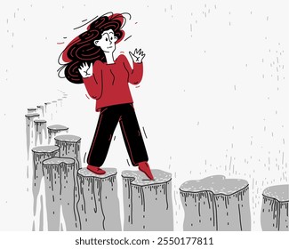 Jovem mulher caminhando um caminho arriscado, ilustração vetorial de uma menina caminha sobre abismo, duro e perigoso conceito de período de vida.