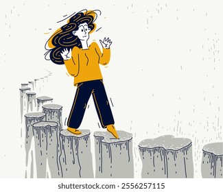 Young woman walking a risky path, vector illustration of a girl walks over abyss, hard and dangerous life period concept.