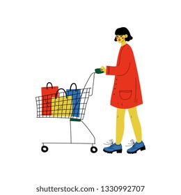 Young Woman Walking Shopping Cart Girl Stock Vector (Royalty Free ...