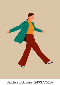 Young woman walking side view. Pretty girl in smart casual spring, autumn street fashion outfit. Vector realistic illustration isolated on white background.