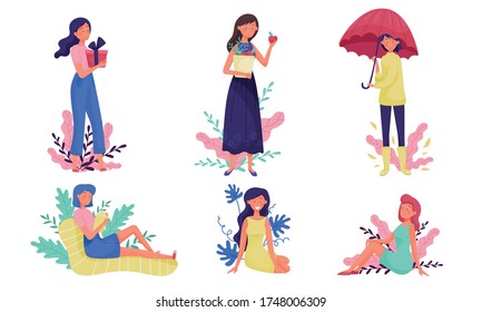 Young Woman Walking and Sitting Reading Book with Floral Twigs and Branches Behind Vector Illustration Set