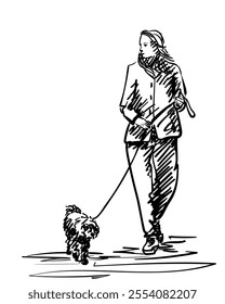 Young woman walking small dog on a leash, Hand drawn illustration, Vector sketch