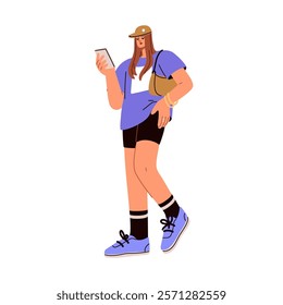 Young woman walking with smartphone. Female going outdoors with mobile phone in hand. Girl in modern summer outfit, tshirt, cycling shorts, bag. Flat vector illustration isolated on white background