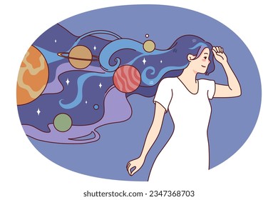 Young woman walking with space and planets in hair. Girl full with creative and imaginary thoughts and ideas. Imagination and creativity concept. Vector illustration.