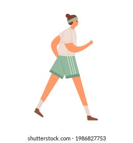 Young Woman Walking In Sportswear And Sport Headband. Sportswoman Running Or Jogging In Shorts, T-shirt And Sweatband. Colored Flat Vector Illustration Of Runner Isolated On White Background